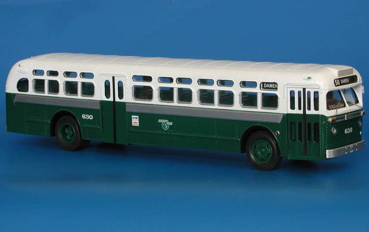 1951 GM TDH-5103 (Chicago Transit Authority 601-700 series; Mint Green & Alpine White livery).